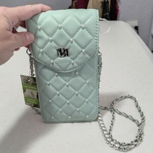 Badgley Mischka Mint Quilted Pearl-Accent Crossbody Phone Bag